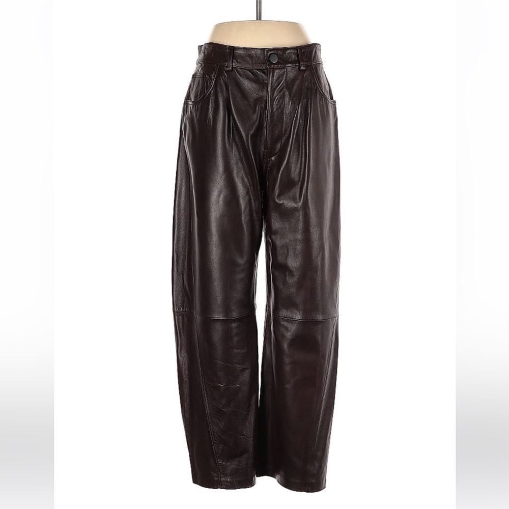 Zara Women's Wide Barrel Leg Chocolate Brown 100% Leather Pants